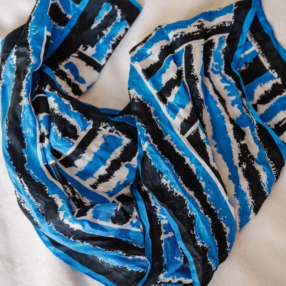 Blue and Black Vintage Silk Scarf